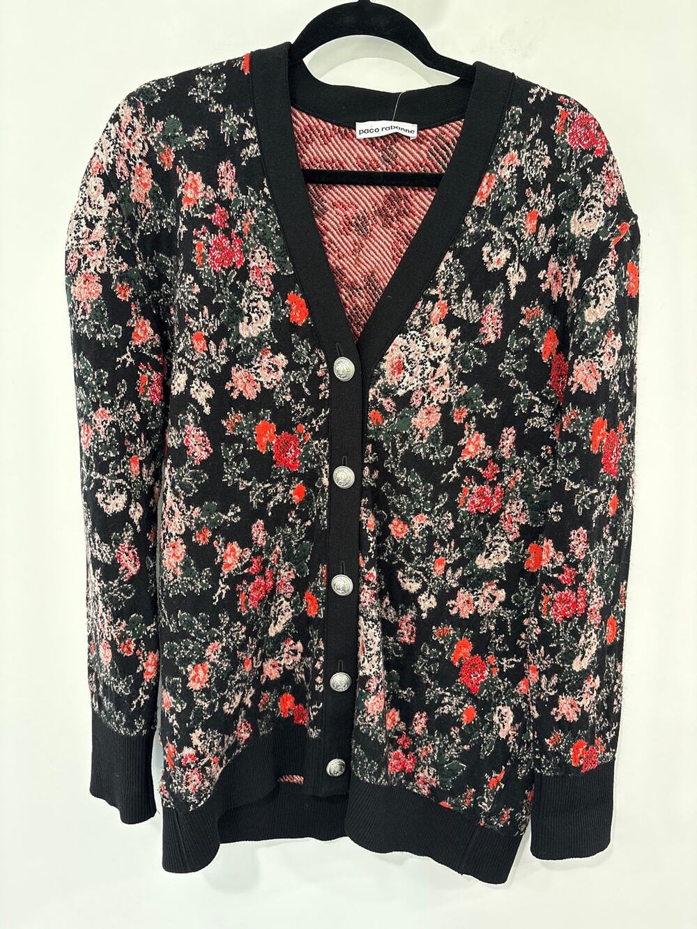 Paco Rabanne Jacquard Knit Floral Wool Blend Cardigan Sweater Size S